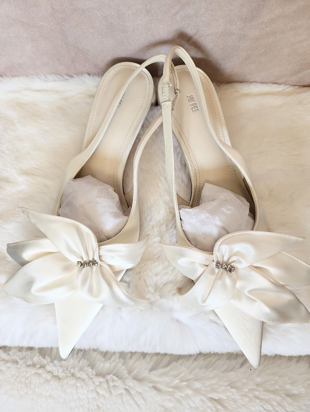 JW PEI Elegant Cream Slingback Pointed-Toe Heels with Bow Size 8.5